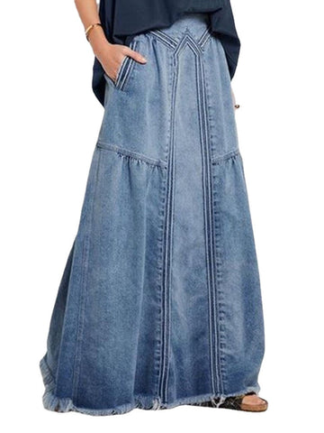 Women Distressed Solid Color Elastic Waist Loose Denim Skirt With Pocket