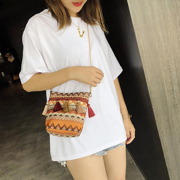 Women Weaving Tassel National Crossbody Bag Chic Bucket