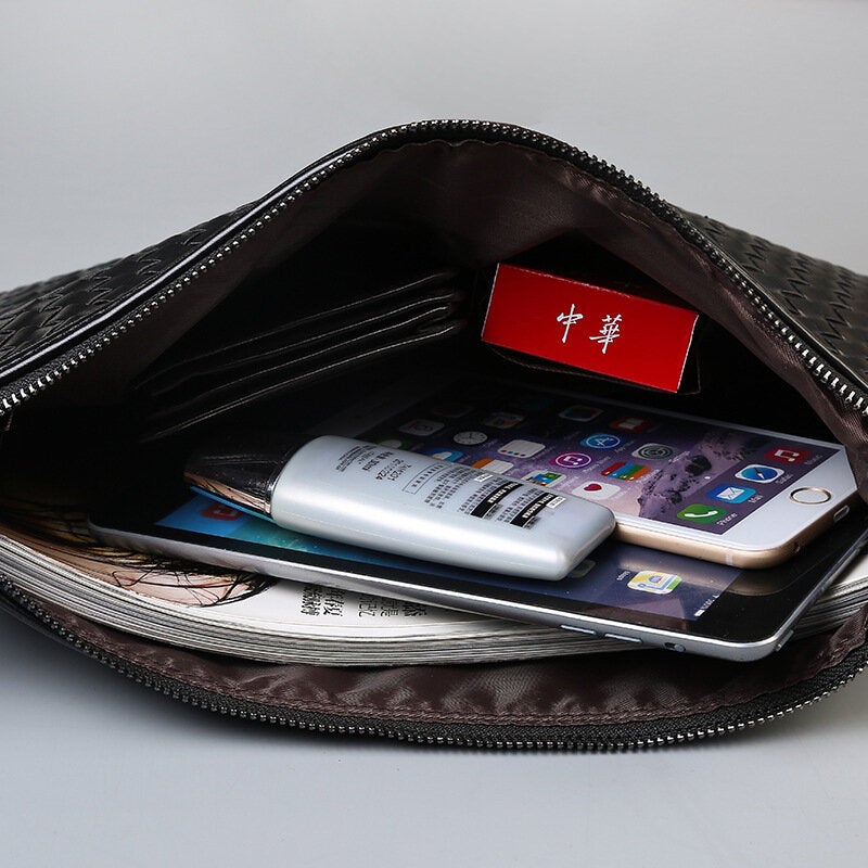 Unisex Faux Leather A4 Business File Bag Clutch with Woven Pattern