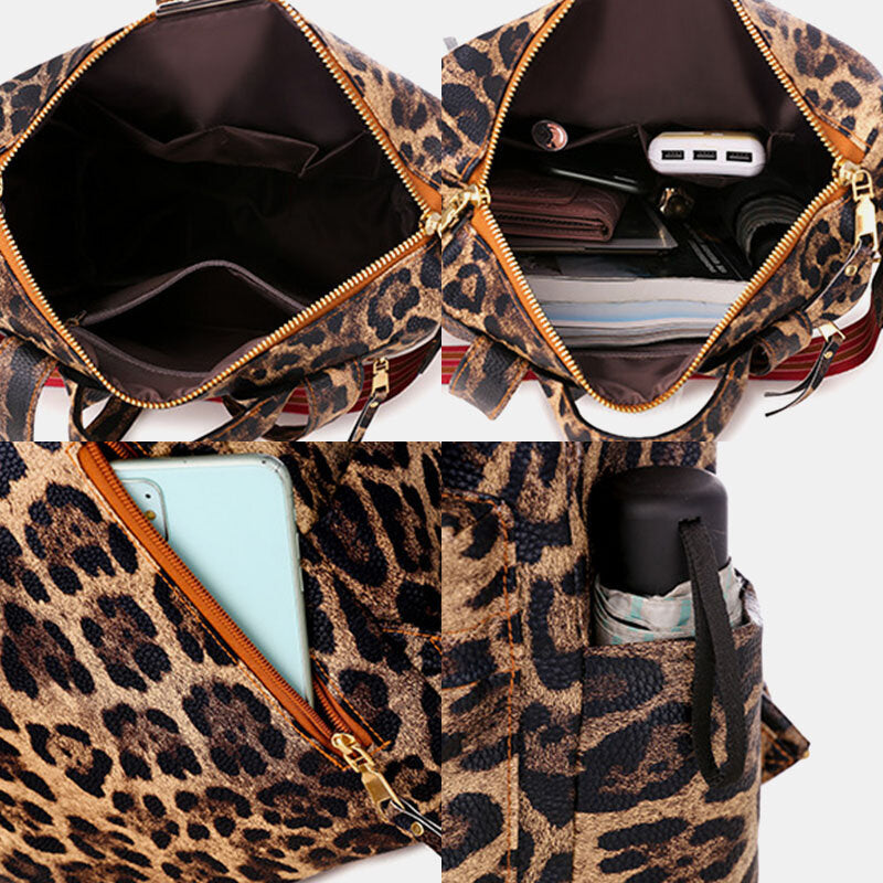 Women Faux Leather Leopard And Flowers Pattern Fashion Casual Backpack