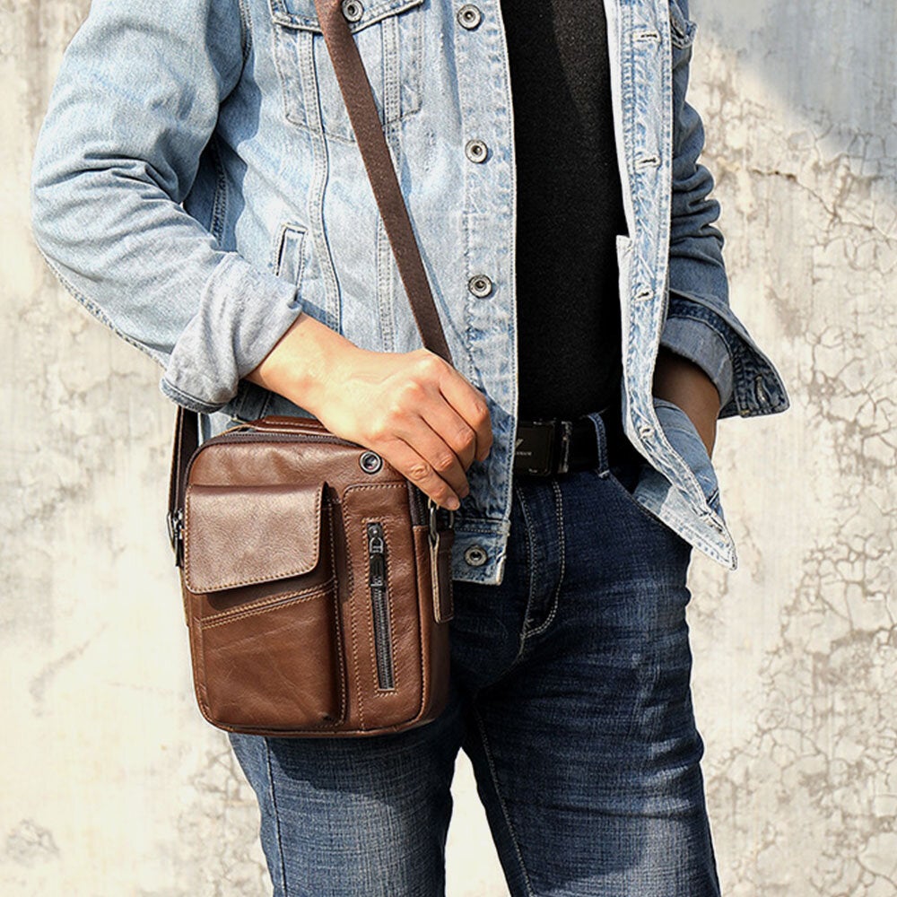 Men's Vintage Leather Waterproof Crossbody Bag with Multi-Pockets & Earphone Hole