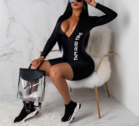 Black Body-Con Sexy Long Sleeve Jumpsuit Short For Women - Sheseelady