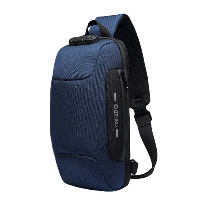 Men Oxford Password Lock Anti-theft Waterproof Reflective Design Crossbody Bag Multi-compartments USB Charging Chest Bag