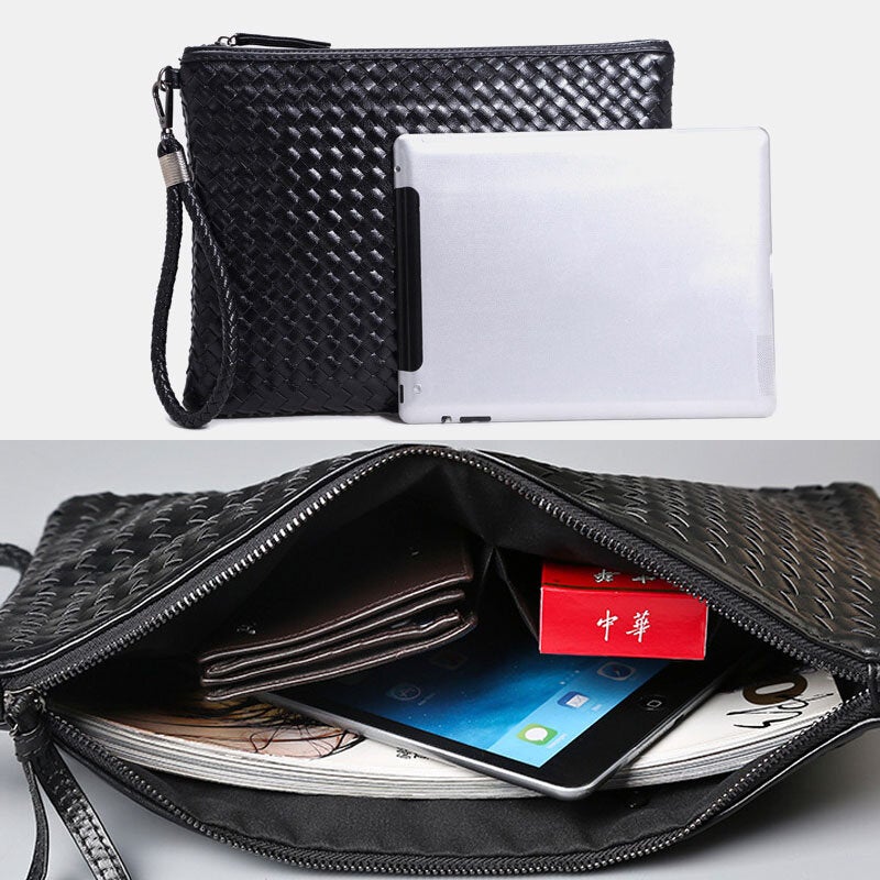 Unisex Faux Leather A4 Business File Bag Clutch with Woven Pattern