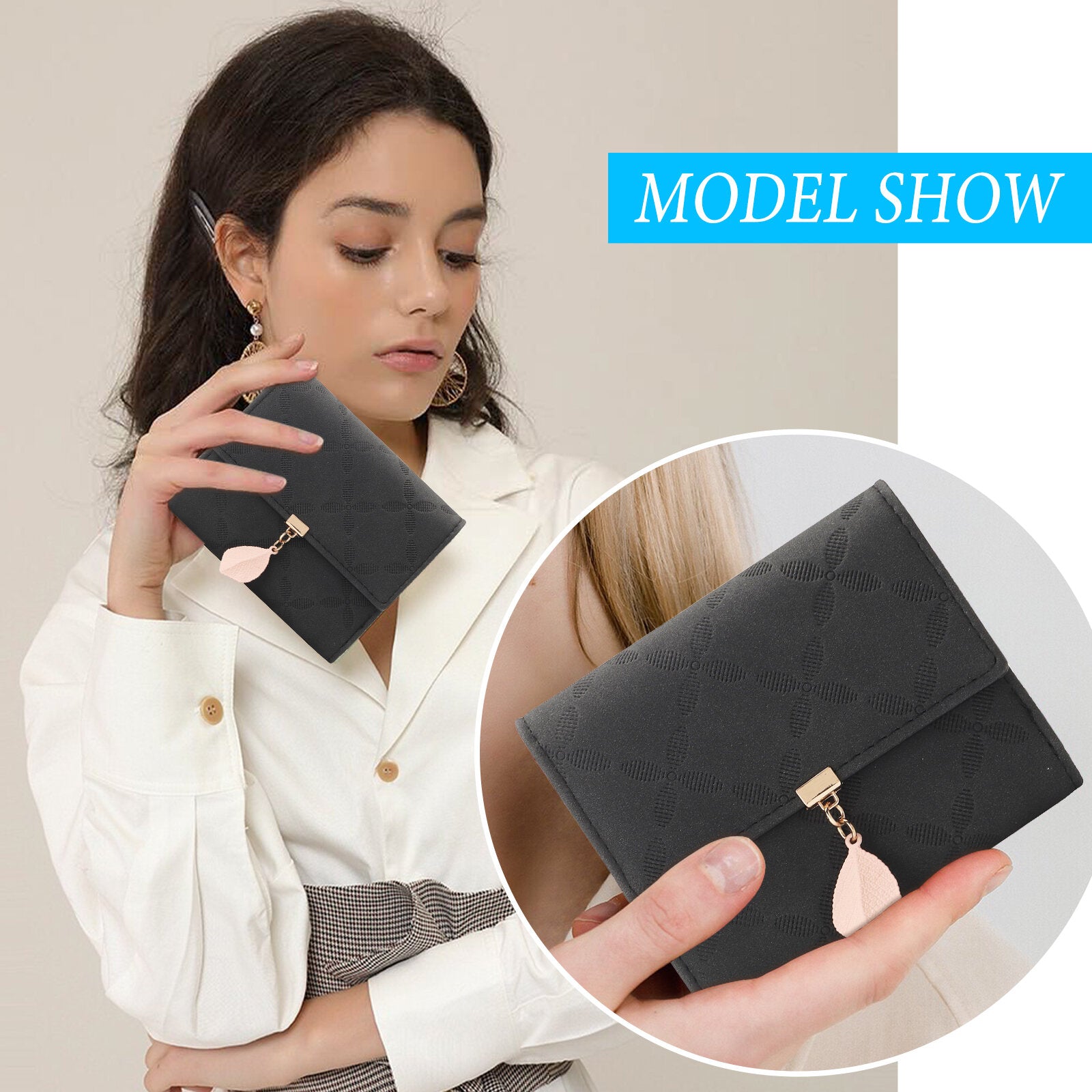 Women Artificial Leather Solid Color Leaves Embossing Wallet Multi-card Slot Coin Storage