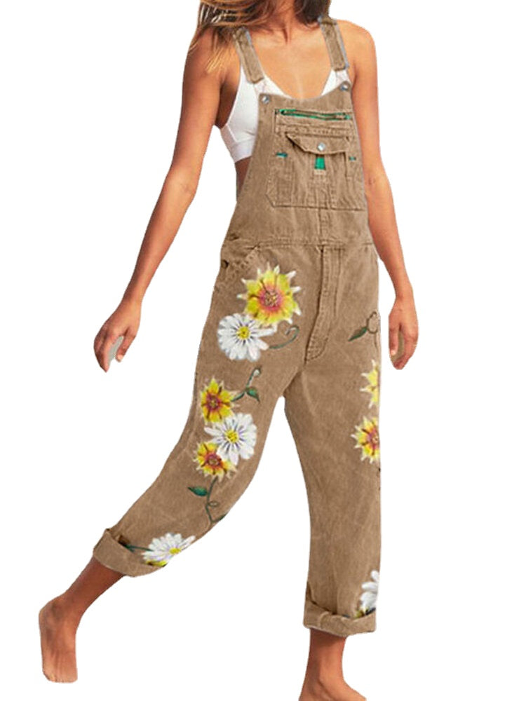 Sunflower Print Sleeveless Straps Casual Jumpsuit Pocket Denim Overalls For Women