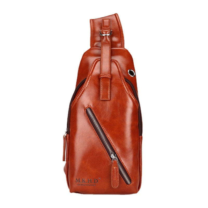 Men Faux Leather Oil Leather Business Casual Travel Waterproof Shoulder Bag Chest Bag