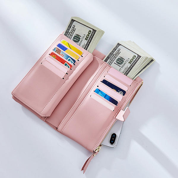 Women Faux Leather Tri-fold 22 Card Slot Wallet Casual Solid Phone Purse Long