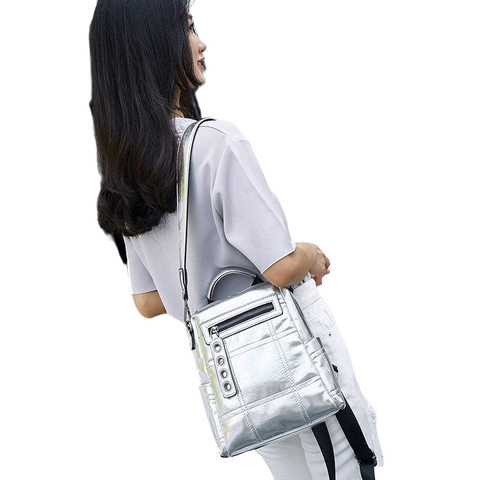 Fashionable Multifunctional Ladies' Glitter Backpack For School Travel Silver