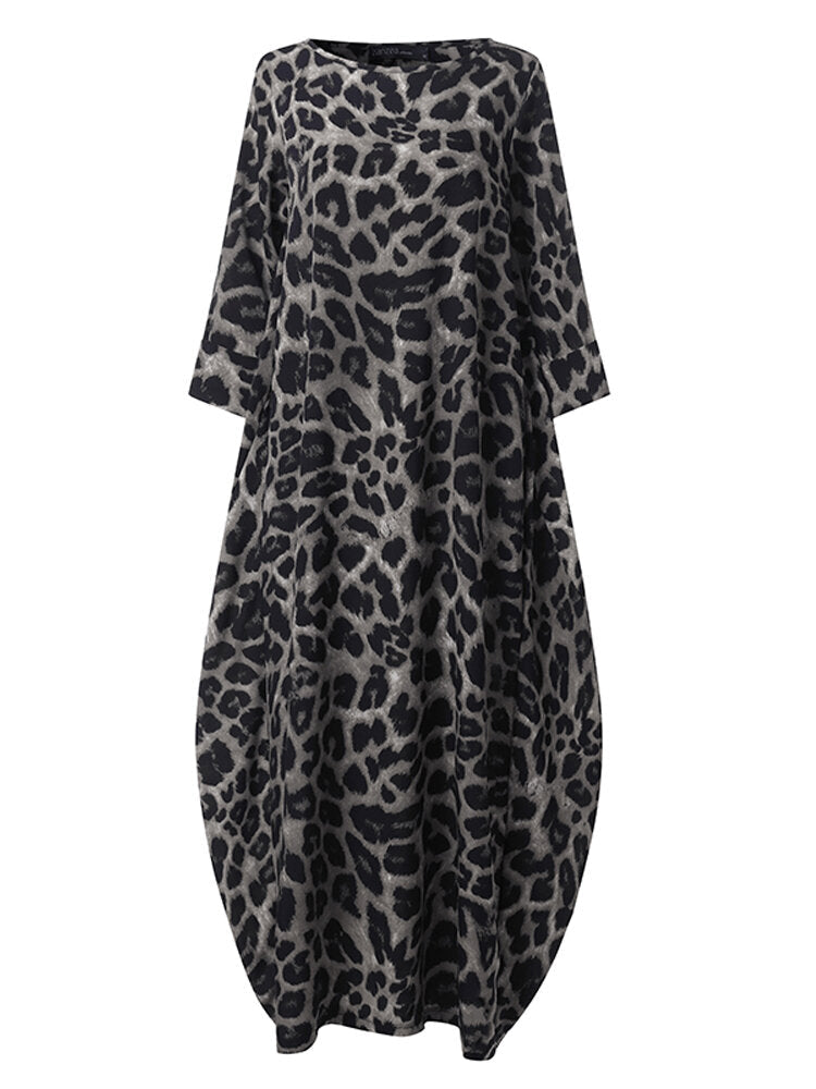 Women Leopard Print Crew Neck Loose Baggy Maxi Dress