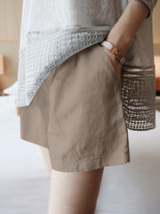 Solid Pocket Ruched Cotton Casual Shorts