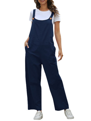Solid Color Sleeveless Button Casual Pocket Jumpsuit For Women