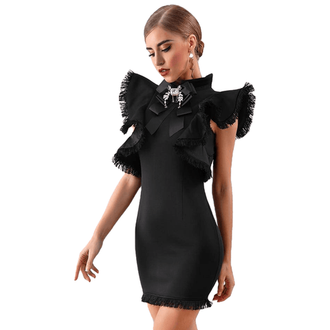 Fashionable Sexy Women's Sleeveless Bodycon Mini Dress With Ruffles Front & Tassel