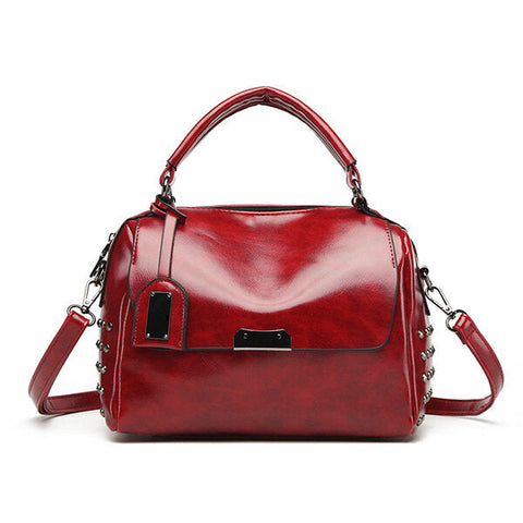 Women PU Solid Color Fashion Oil Wax Rivets Boston Handbag Shoulder Bag