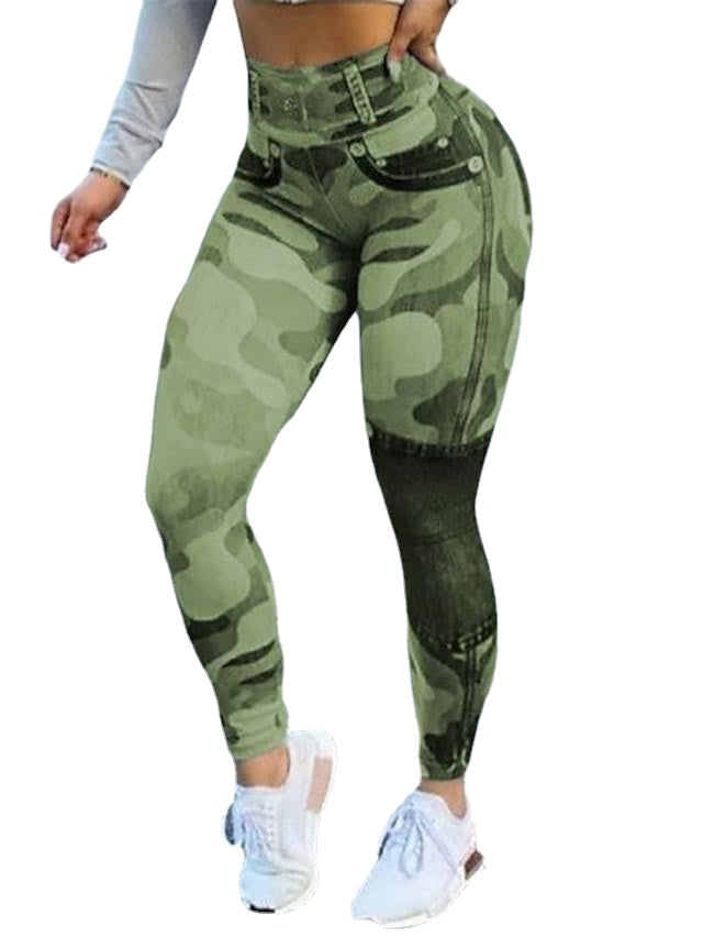 Fashionable Women's Camouflage Print High-waist Elasticity Faux Denim Pants