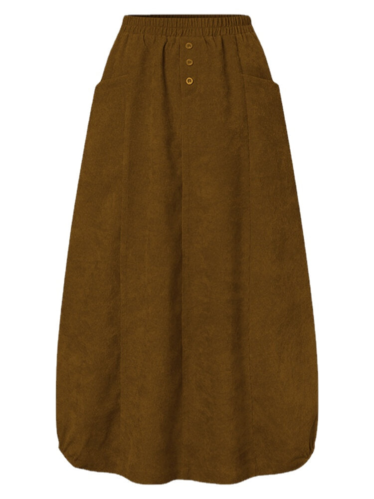 Women Corduroy Button Trim Elastic Waist Solid Retro Skirt With Pocket