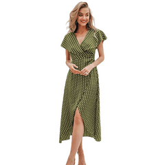 Elegant V Neck Wrap Sashes Dots Print Vintage Dresses - Sheseelady