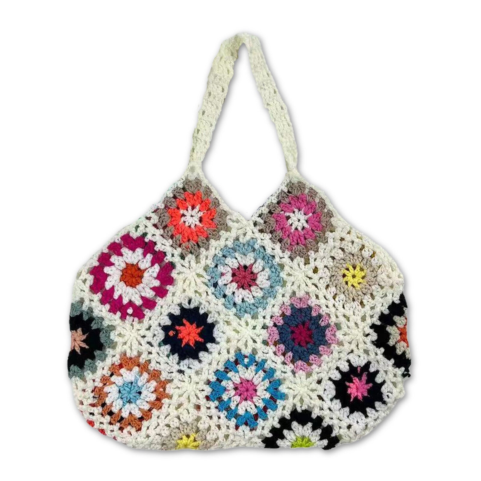 Women Handmade Crochet Ethnic Casual Handbag Mixed Floral Pattern Multifunctional Shoulder Bag Tote