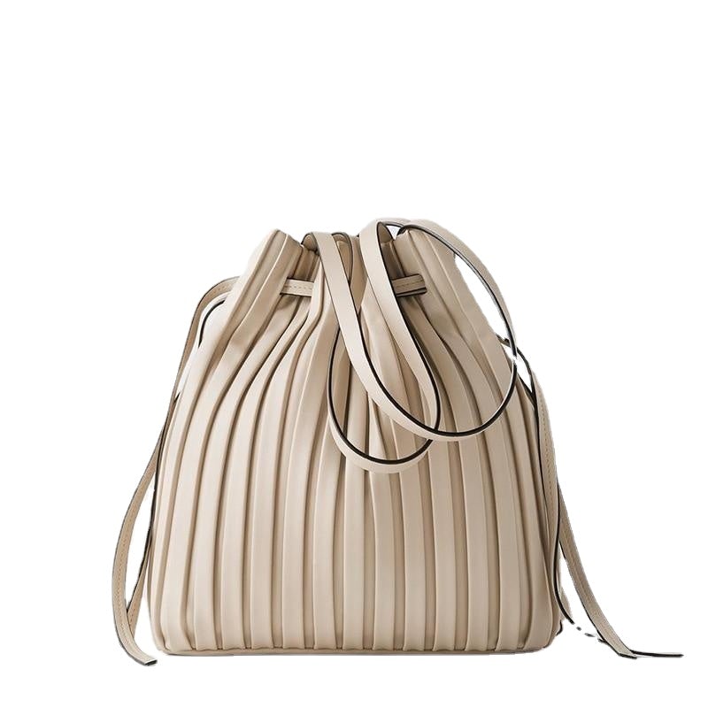 Stylish Women's Leather Bucket Bag With Pleated Stripe