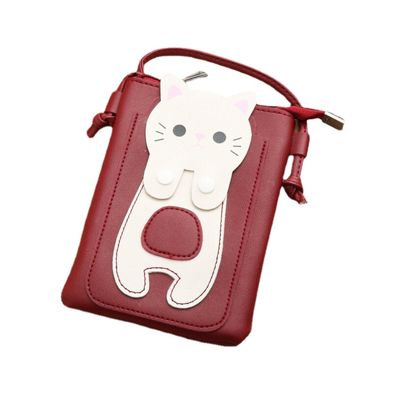 Women Faux Leather Super Cute Cat Kitty Pattern 6.3 Inch Phone Bag Small Storage Crossbody