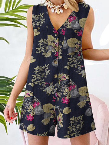 Sleeveless Button Print Flower Pocket Regular Fit Jumpsuit