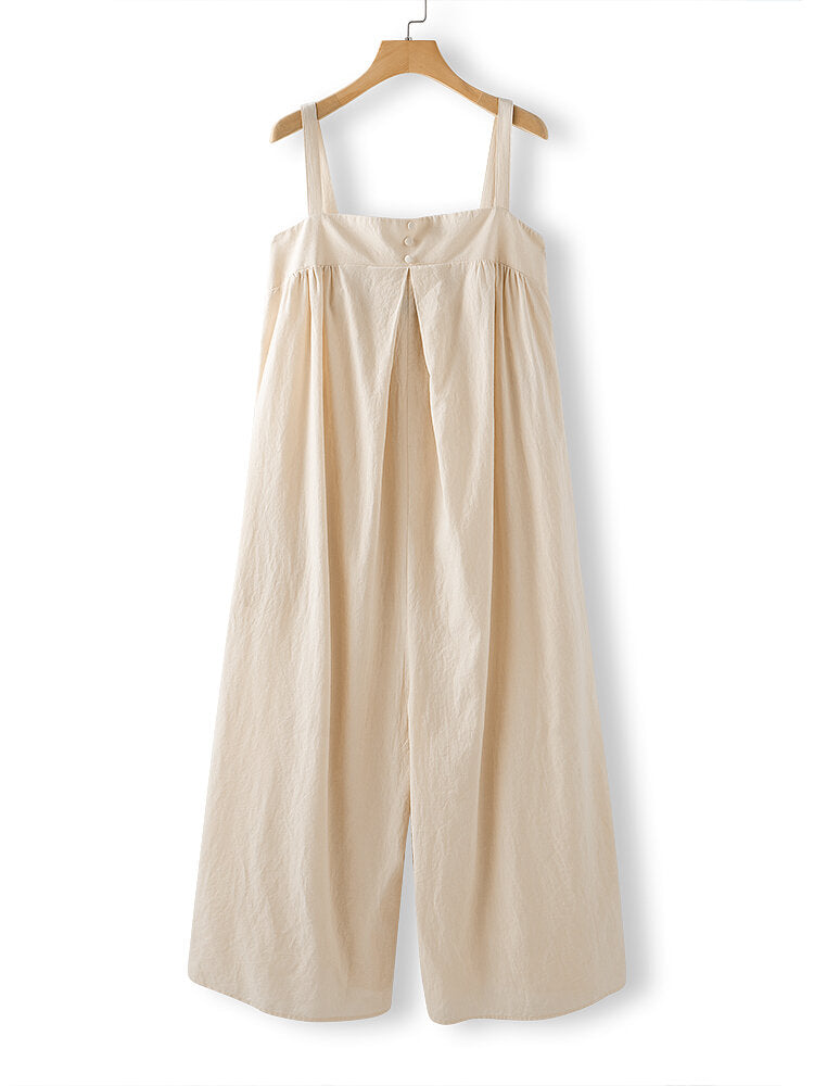 Solid Color Straps Pleated Daily Casual Jumpsuit For Women