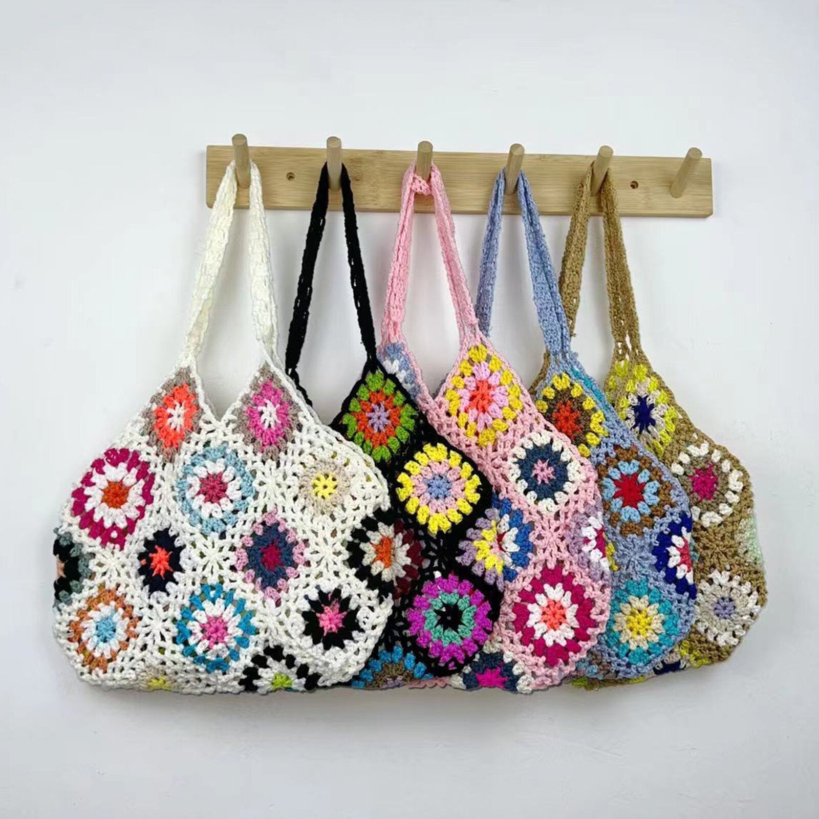 Women Handmade Crochet Ethnic Casual Handbag Mixed Floral Pattern Multifunctional Shoulder Bag Tote