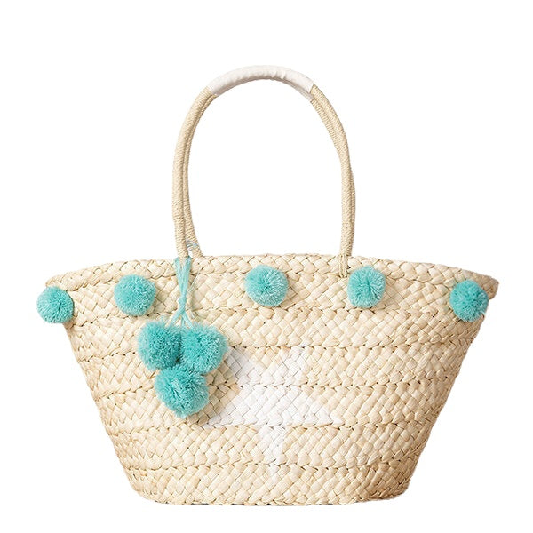 Women Woven Straw Beach Handbag Travel Plush Ball Bag Tote