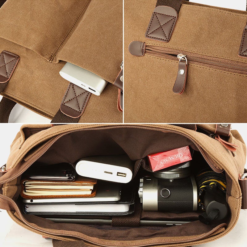 Men's Retro Canvas Crossbody Bag, Multi-pocket, Wear-resistant, Large Capacity, Zipper Shoulder Handbag