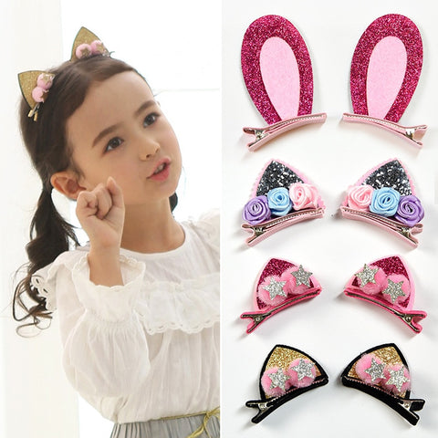 2Pcs/Set Cute Hair Clips For Girls Glitter Rainbow Felt Fabric Flowers Hairpins Cat Ears Bunny Barrettes Kids Hair Accessories - Sheseelady