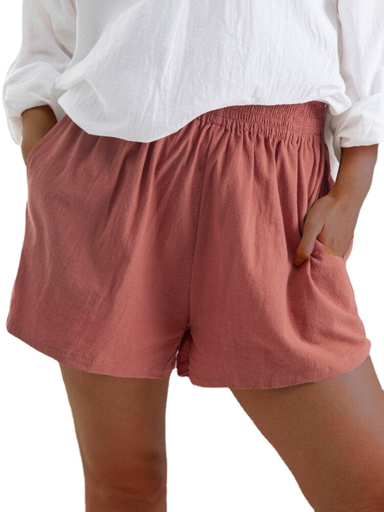 Women Casual Solid Color Elastic Waist Pocket Shorts