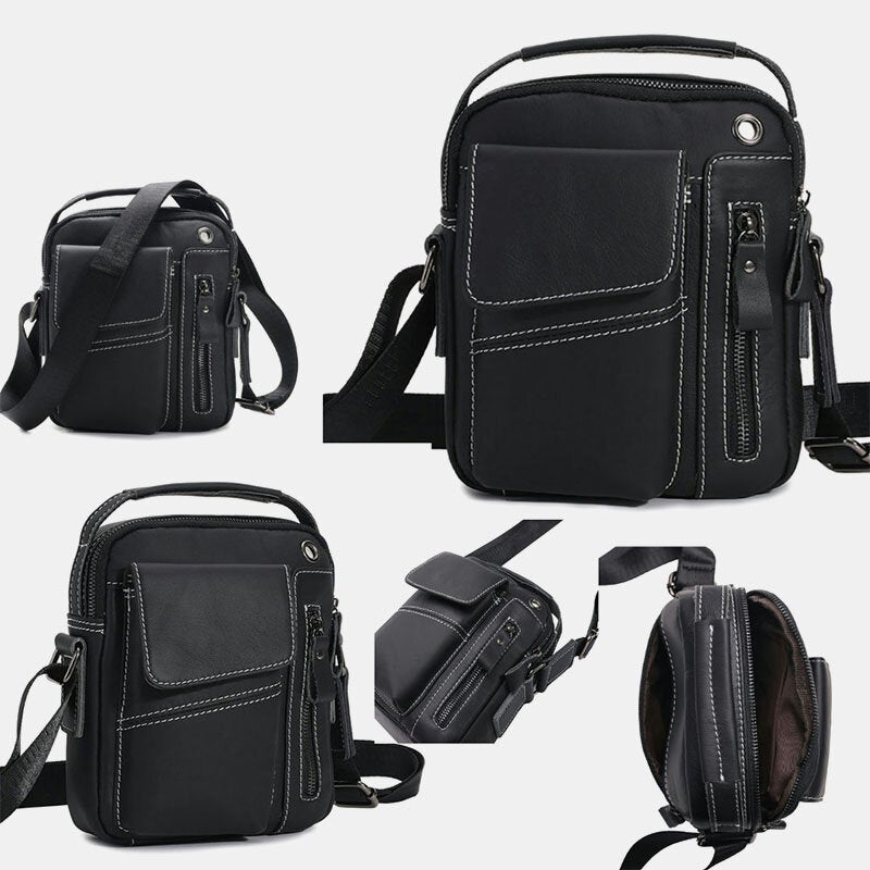 Men's Vintage Leather Crossbody Bag with Multi-Pockets & Headphone Port for 6.5" Phone
