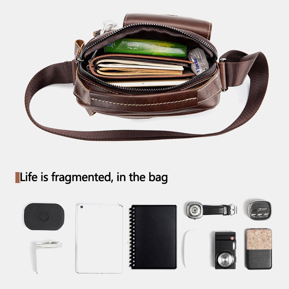 Men's Vintage Leather Crossbody Bag with Headphone Port & Multi-Pockets
