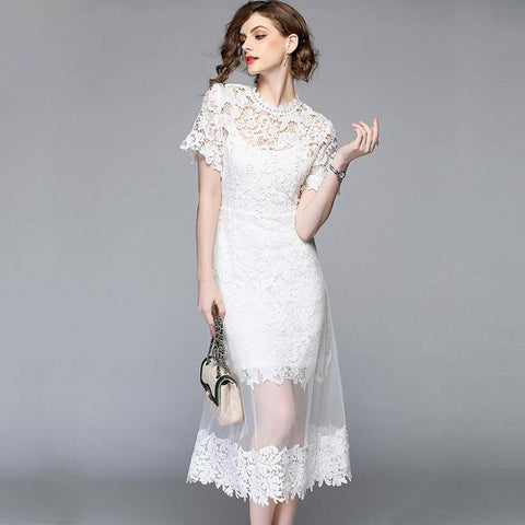 Mesh Patchwork Lace O-Neck Work Casual Dress