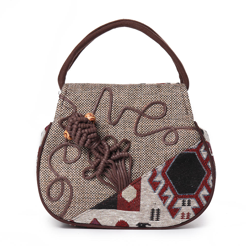 Women Ethnic linen Elephant Pattern Hand-woven Double Zipper Handbag