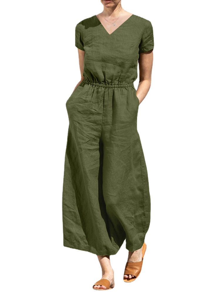 Solid Pocket Elastic Waist Short Sleeve Casual Cotton Jumpsuit
