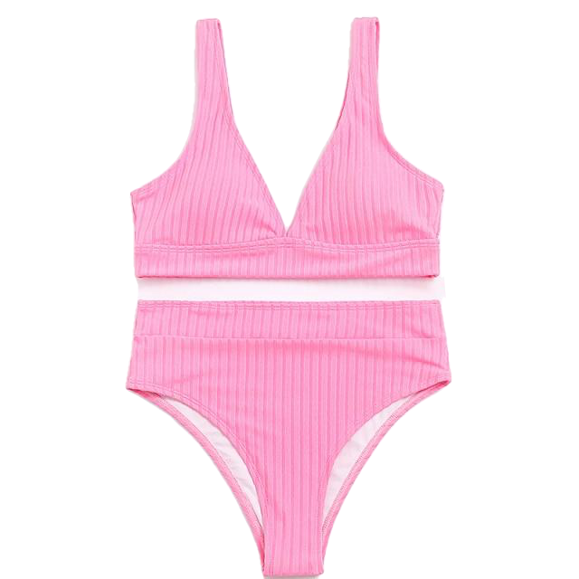 Stylish Spice Girls' Solid Ribbed High Waist V-neck Swimsuit