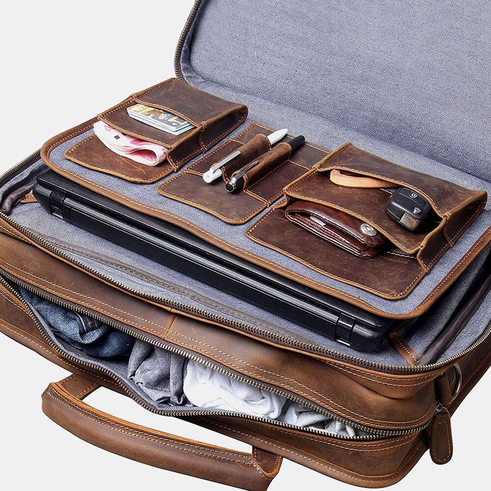 Men Vintage Multifunction Wear-Resistant Faux Leather Large Capacity Business Briefcases Handbag