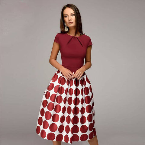 Vintage Ladies' Short Sleeve O-neck A-Line Dresses With Polka Dot