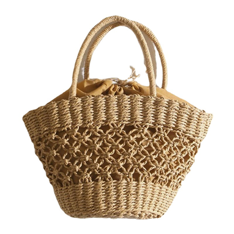 Women Straw Hollow Retro Handmade Paper String Cylindrical Bag Beach Handbag