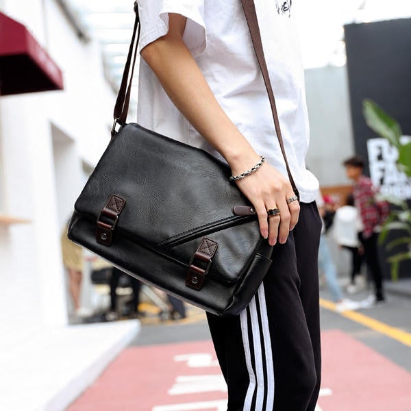 Men's Black PU Leather Messenger Bag - Business Casual Laptop Shoulder Bag