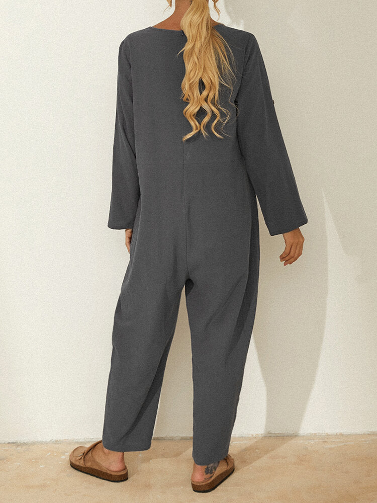 Solid Color Long Sleeve Notched Collar Pocket Loose Jumpsuit For Women