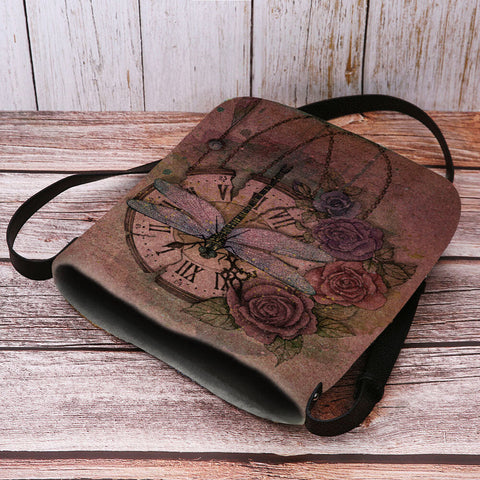 Women Felt Casual Vintage 3D Dragonfly Flower Printing Pattern Crossbody Bag Shoulder