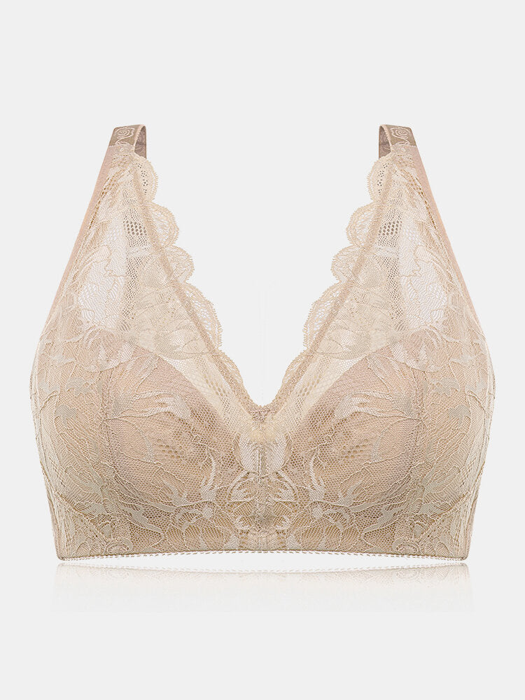 Wireless Lace See Through Full Coverage Cotton Lining Gather Bra