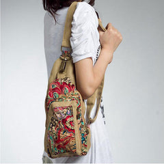 Canvas Retro National Floral Women Crossbody Bag Chest Sling