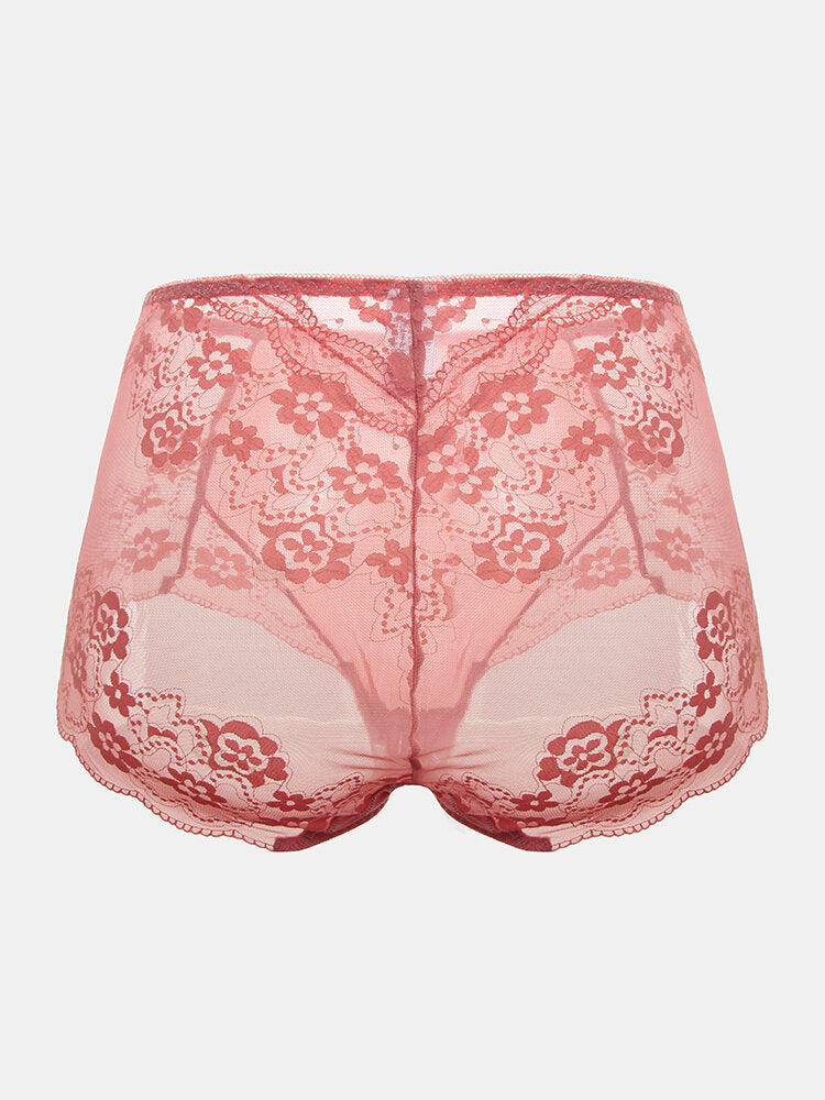 Plus Size Women Sheer Lace Floral Jacquard Breathable High Waist Panties