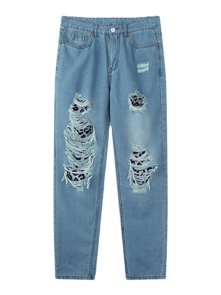 Women Ripped Leopard Frayed Distressed Rigid Mid Waist Casual Jeans