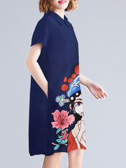 Peking Opera Pattern Pocket Short Sleeve Midi Dress