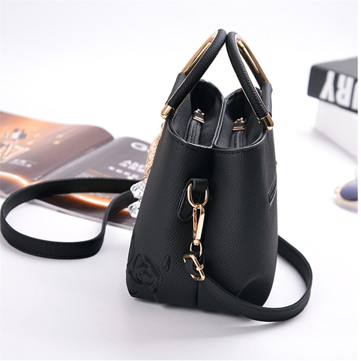 Women Faux Leather Flowers Parttern Lady Shoulder Bag Crossbody Tote Handbags