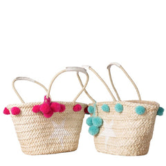 Women Woven Straw Beach Handbag Travel Plush Ball Bag Tote